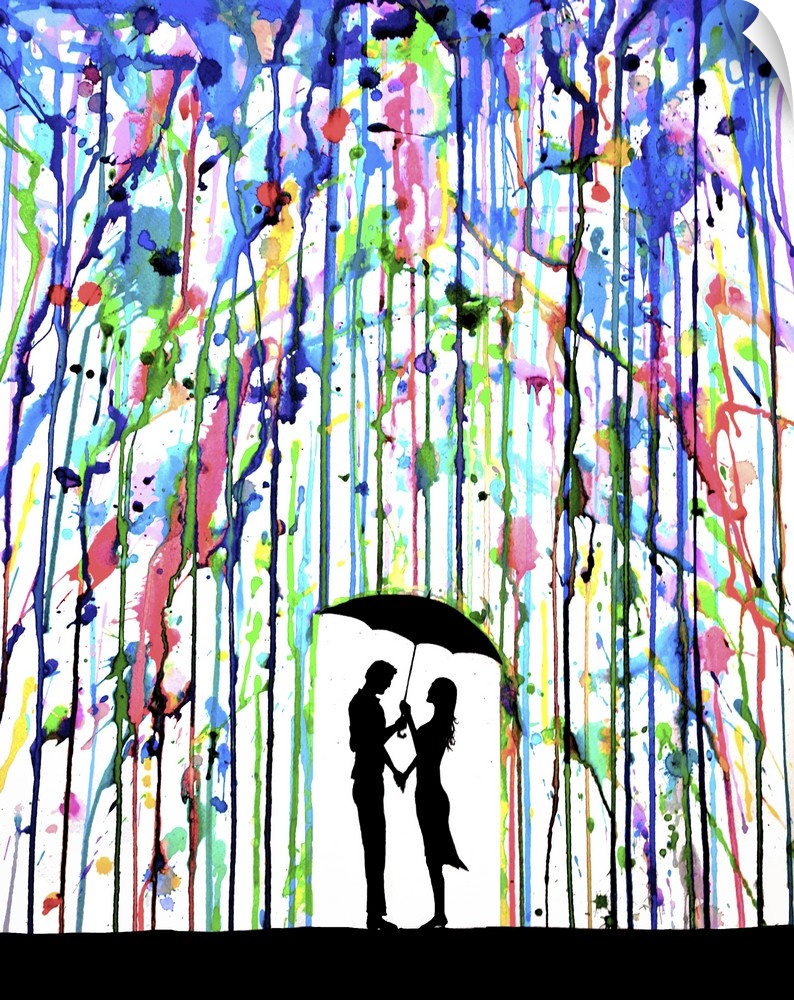 Watercolor and ink painting of a silhouetted couple with an umbrella under colorful rain.