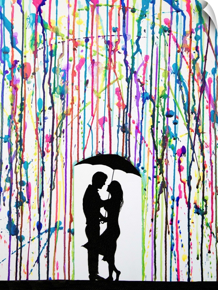 Watercolor and ink painting of a couple standing under an umbrella under colorful rain.