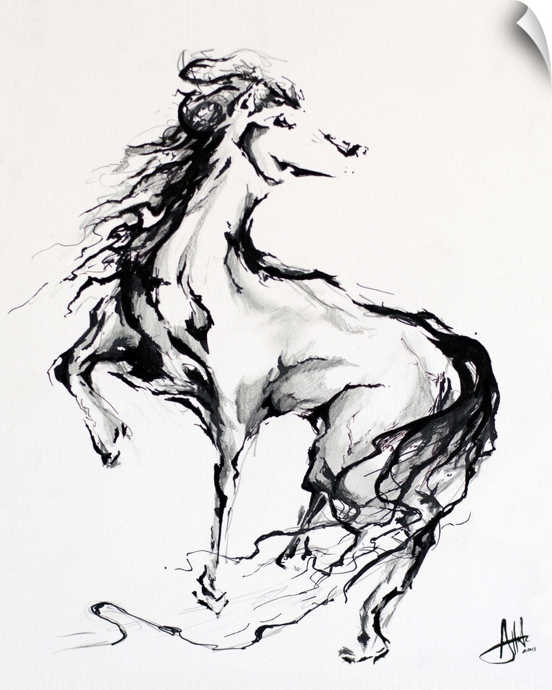 Ink painting of a graceful horse turning around.