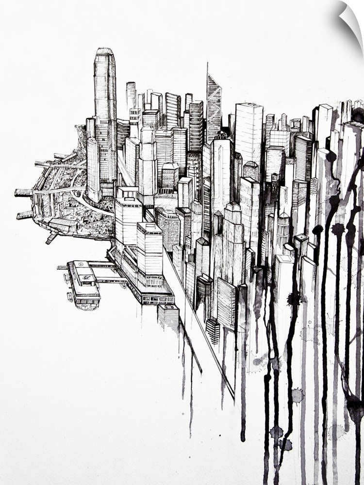 Ink painting of a city skyline with large skycrapers.
