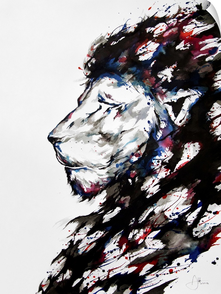 Watercolor and ink painting of a lion's face with a large mane, in profile.