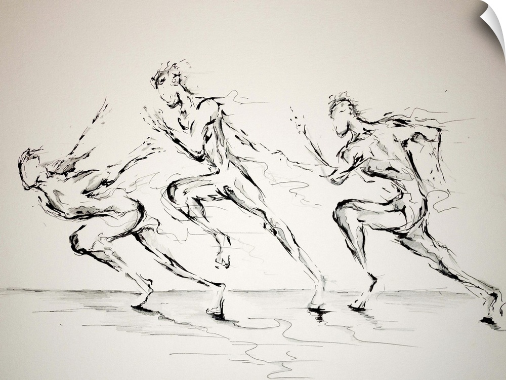 Ink painting of three runners at the beginning of a race, each in a different position.