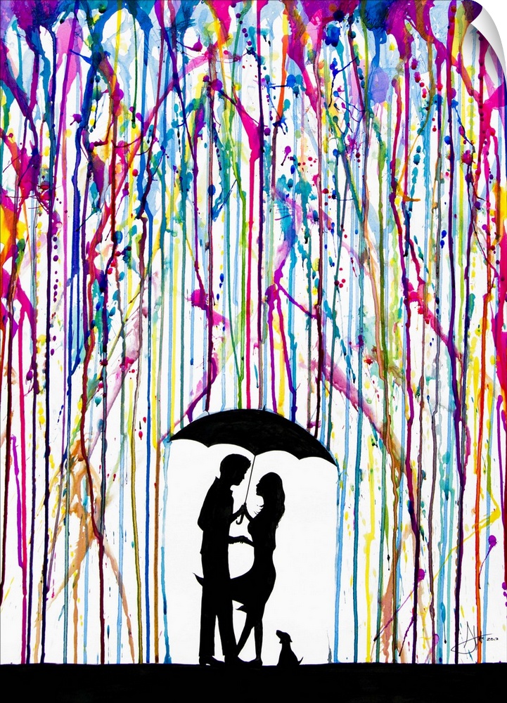 Watercolor and ink painting of a couple and a dog under an umbrella under colorful rain.
