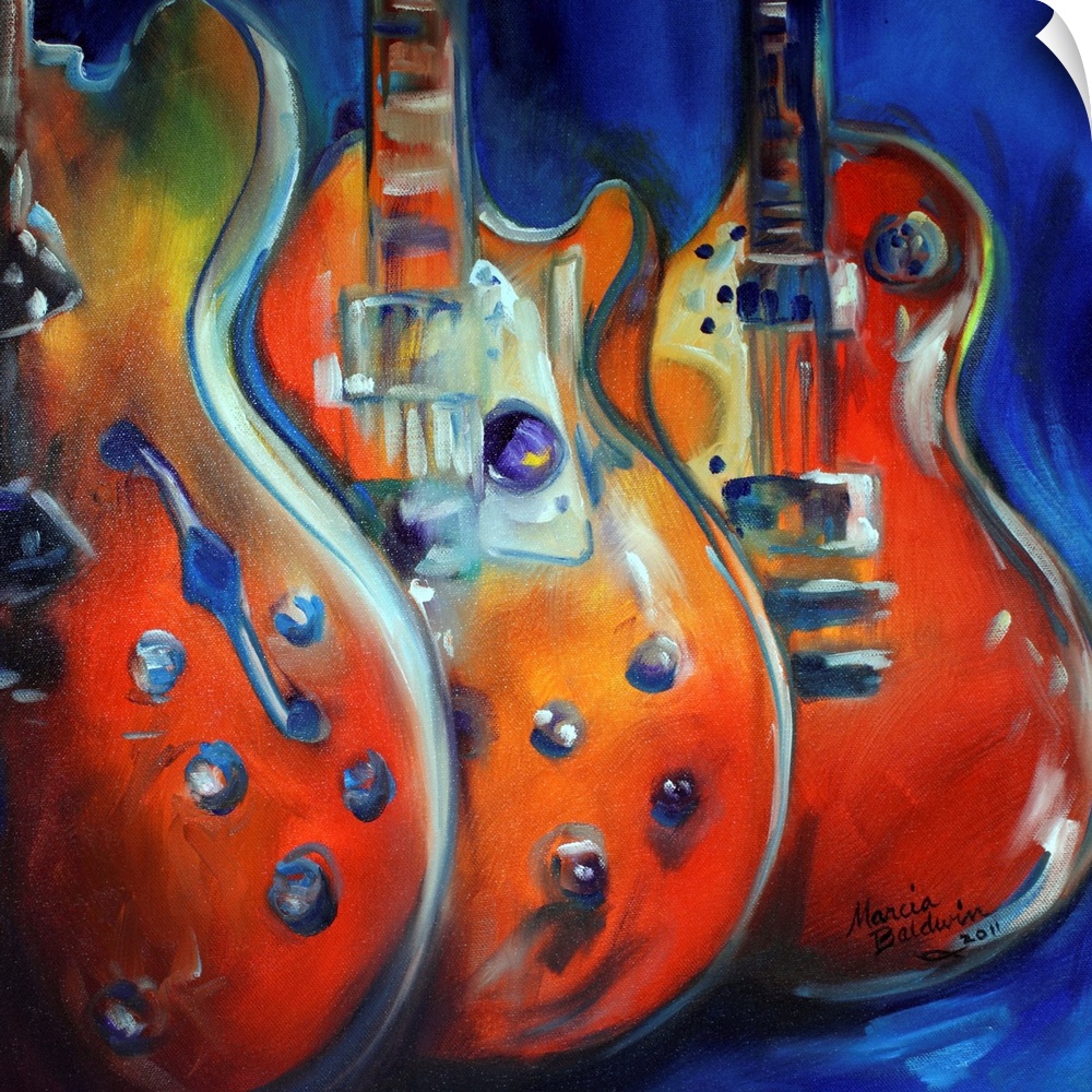 Square painting in red, blue, yellow, orange, and green hues of three guitars standing up in a row.