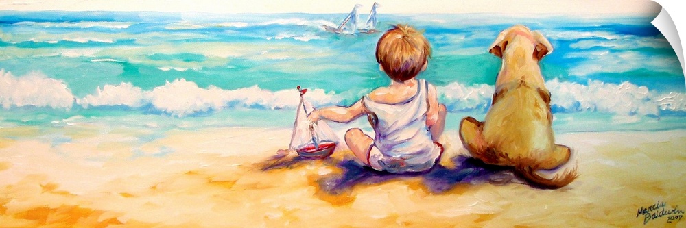 This sweet painting of a little boy and his best friend, his dog, sitting and watching a sail boat during a fun day at the...