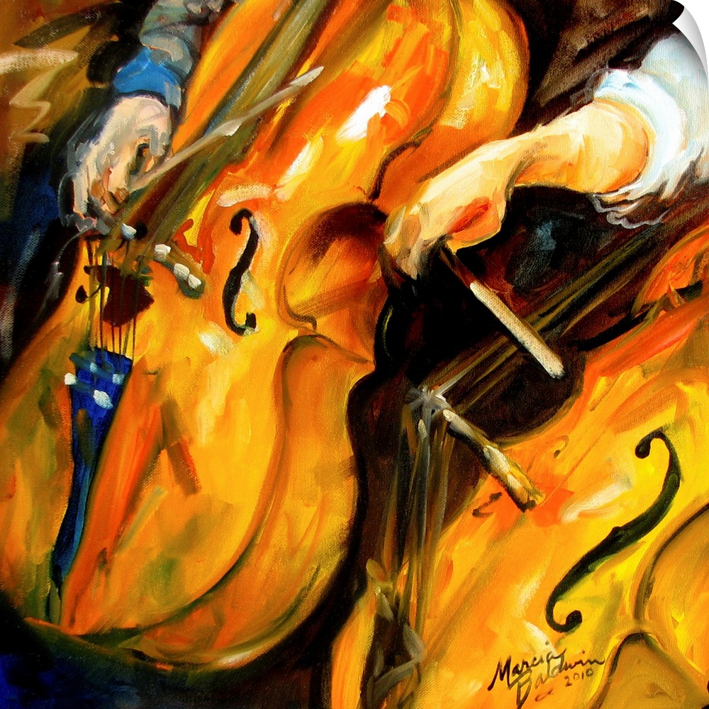 Contemporary square painting of cellos in concert.