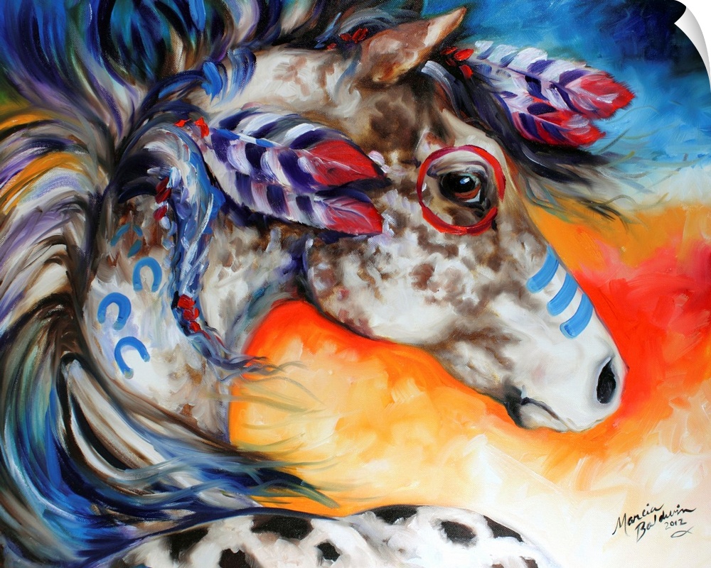 Contemporary painting of an Appaloosa Indian War Horse with blue and red body paint and feathers in its mane on a colorful...