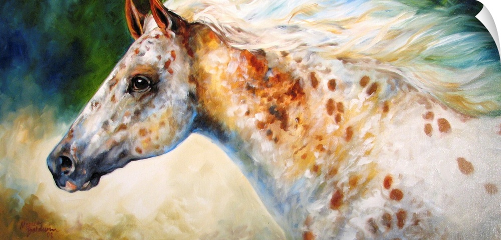 Contemporary painting of an Appaloosa  horse with white and brown markings on a colorful background made up of blue, green...