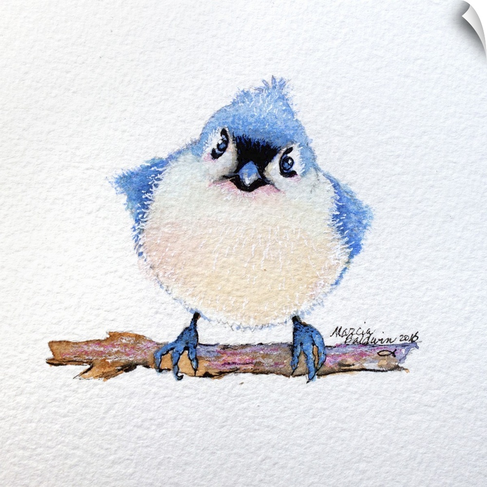 Square watercolor painting of a baby bluebird with a little bit of attitude.