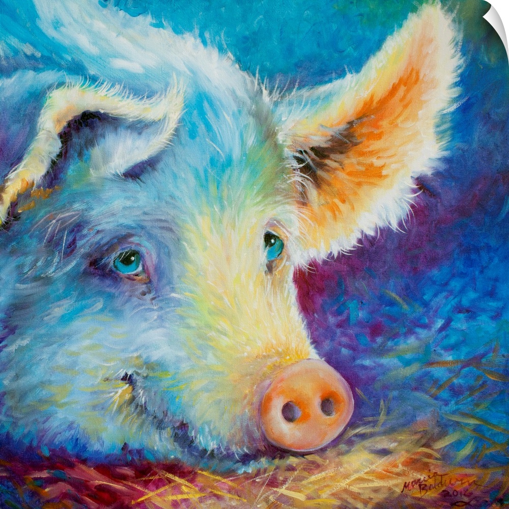 Square painting of a cute pig with both cool and warm tones, laying down on straw.