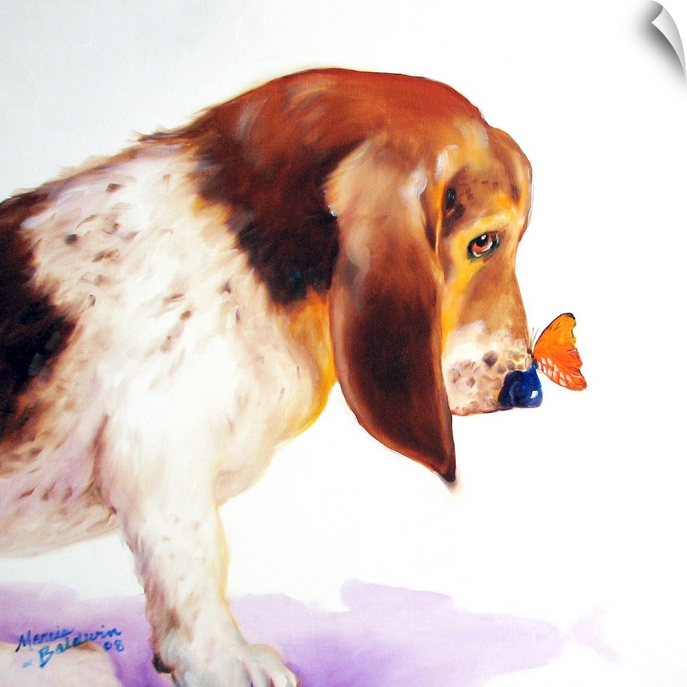 Square painting of a basset hound with an orange butterfly on its nose.