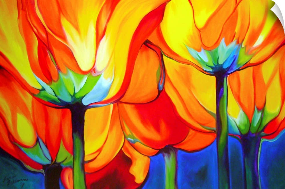 Contemporary painting of vibrant yellow, red, and orange poppy flowers on blue background.