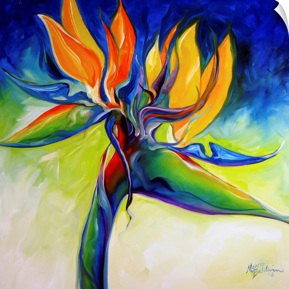Contemporary painting of a bird of paradise flower on a blue, green, yellow, and cream square background.