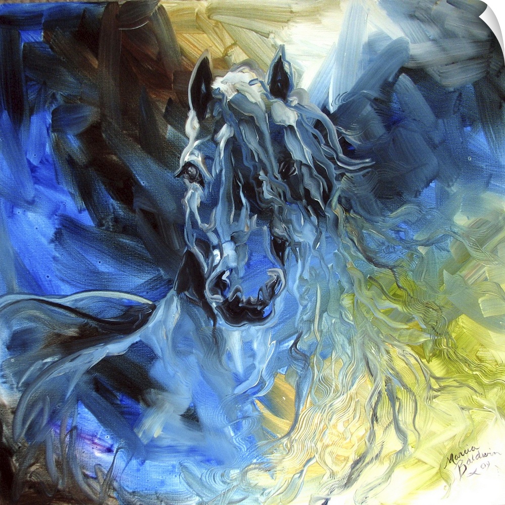 Square abstract painting of a horse in golds and blues created with dynamic brush strokes.