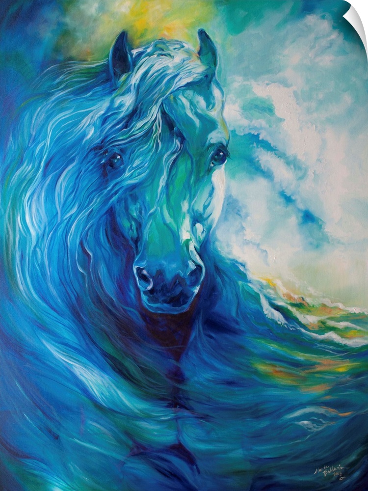Abstract equine painting in cool blue, yellow, and green tones.