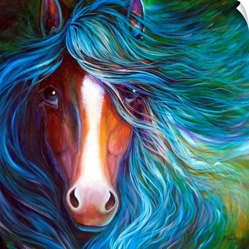 An equine abstract of a bay horse with white blaze and flowing mane in blue.