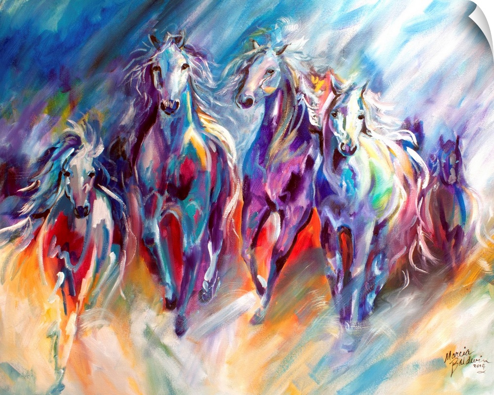 A colorful abstract painting with a herd of horses in full gallop.