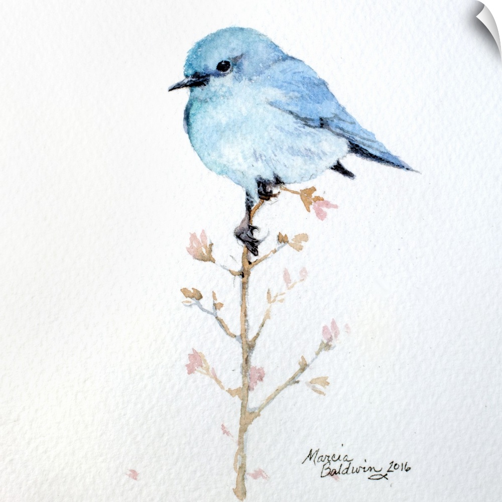 Watercolor painting of a bluebird perched on a branch with small pink flowers.