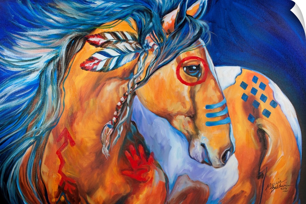 Contemporary painting of an Indian War Horse with red and blue body paint and feathers in its mane on a blue background.