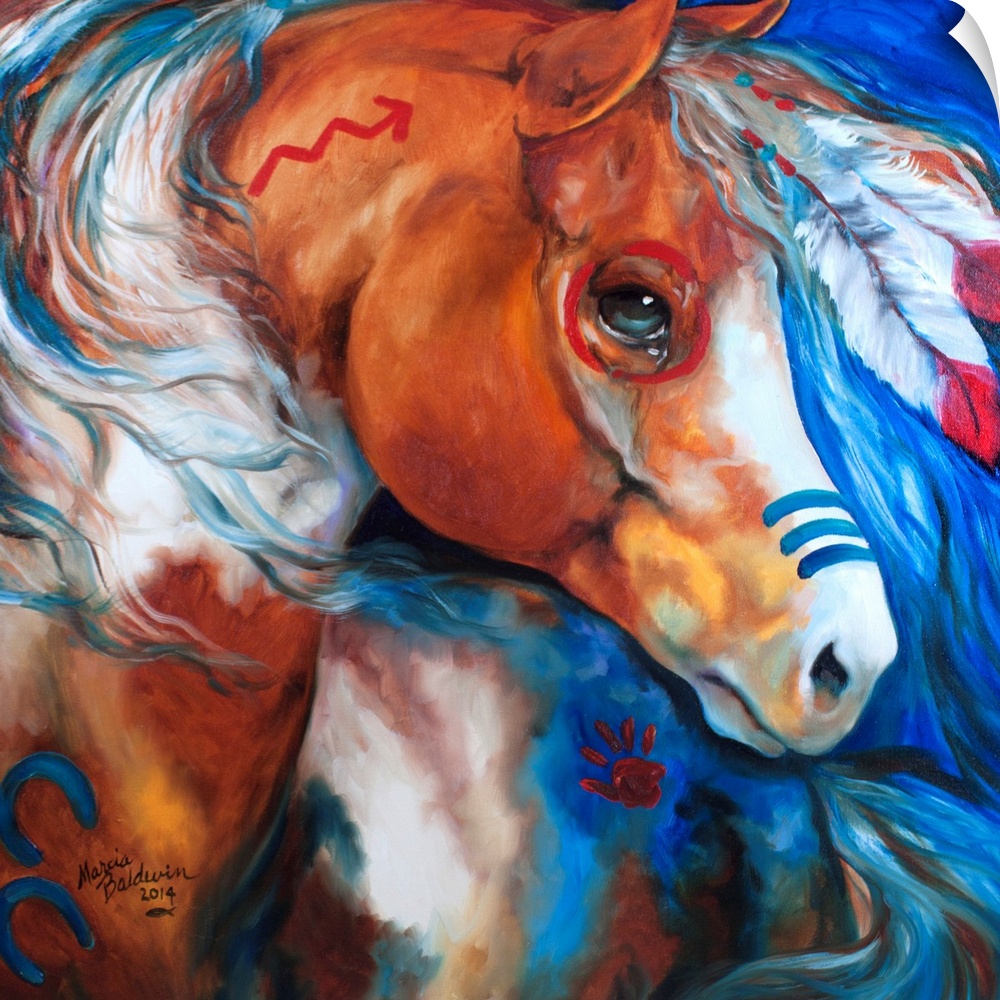 Square painting of a war horse dressed in war paint and feathers on a blue background.