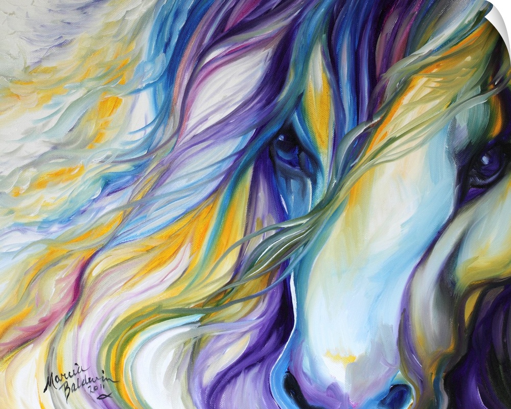 Purple, yellow, blue, and white abstract painting of a horse close-up.