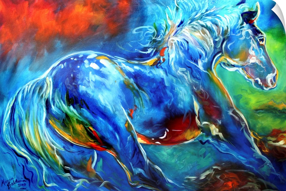 Abstract painting of a blue wild stallion with red, yellow, and green hues mixed in.