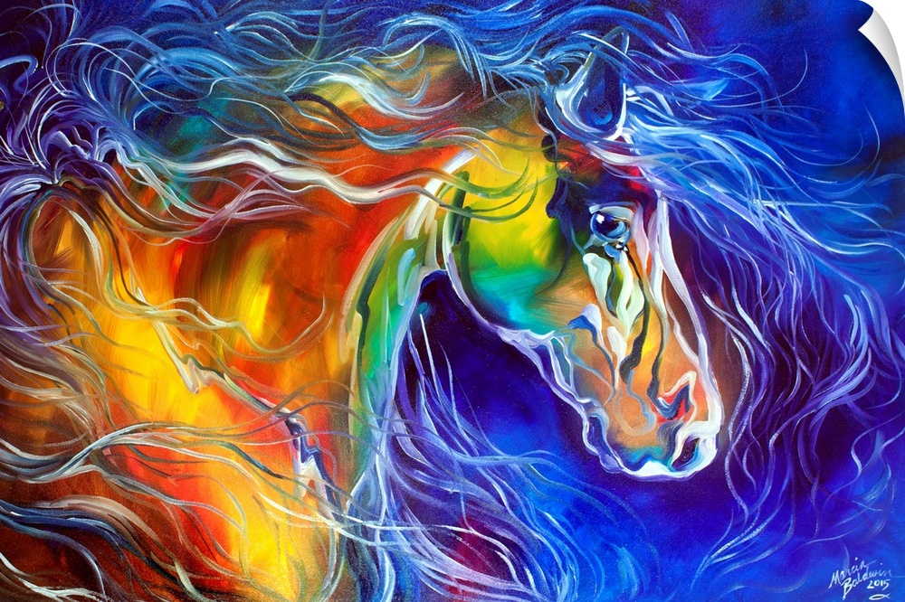 Abstract painting of a horse is vibrant colors with a blue and purple background.