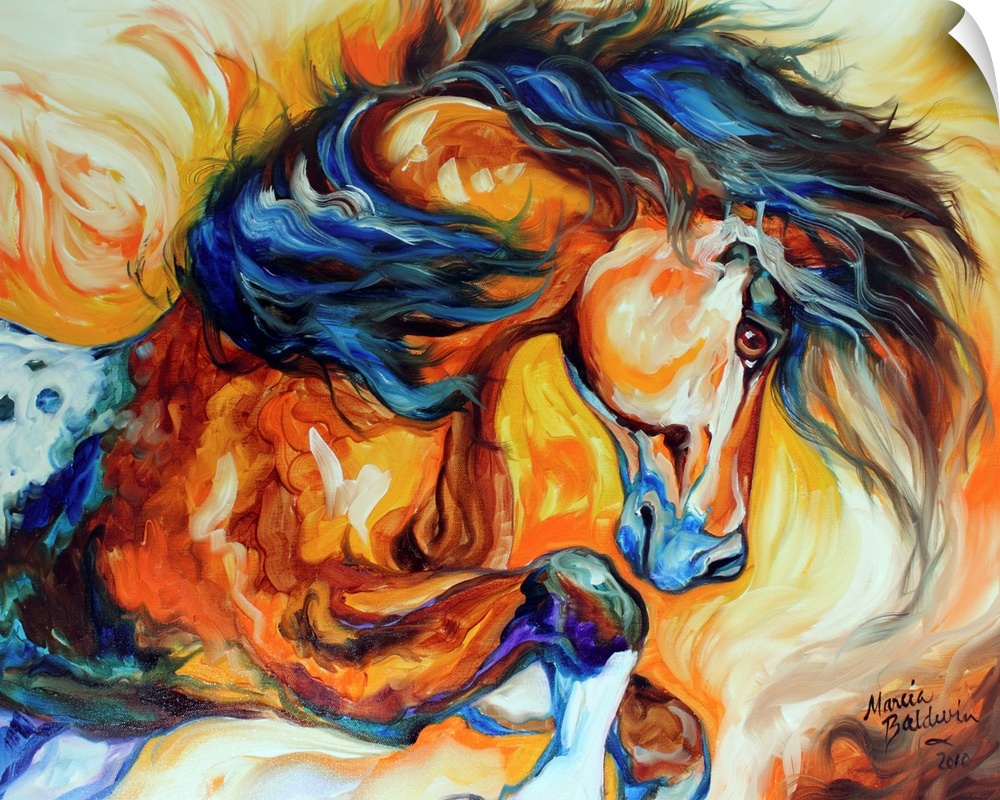 Contemporary abstract painting of a horse in action made with both warm and cool tones .