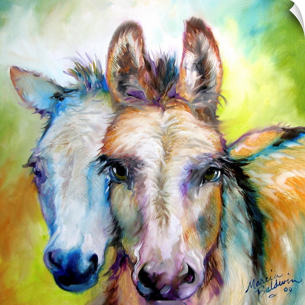 Square painting of two donkeys with purple and blue highlights on a colorful background.