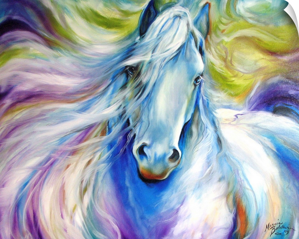 Contemporary painting of a beautiful horse create with flowing brushstrokes in majestic hues of purple, blue, and green.
