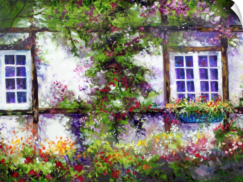 Contemporary painting of an English cottage covered in flowers and greens.