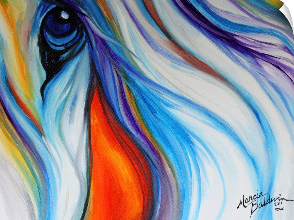 Colorful painting of a horse close-up with a flowing mane and compassionate stare.