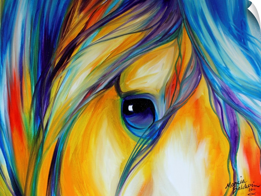 Contemporary painting of a horse close-up with a colorful mane and a bright blue eye.
