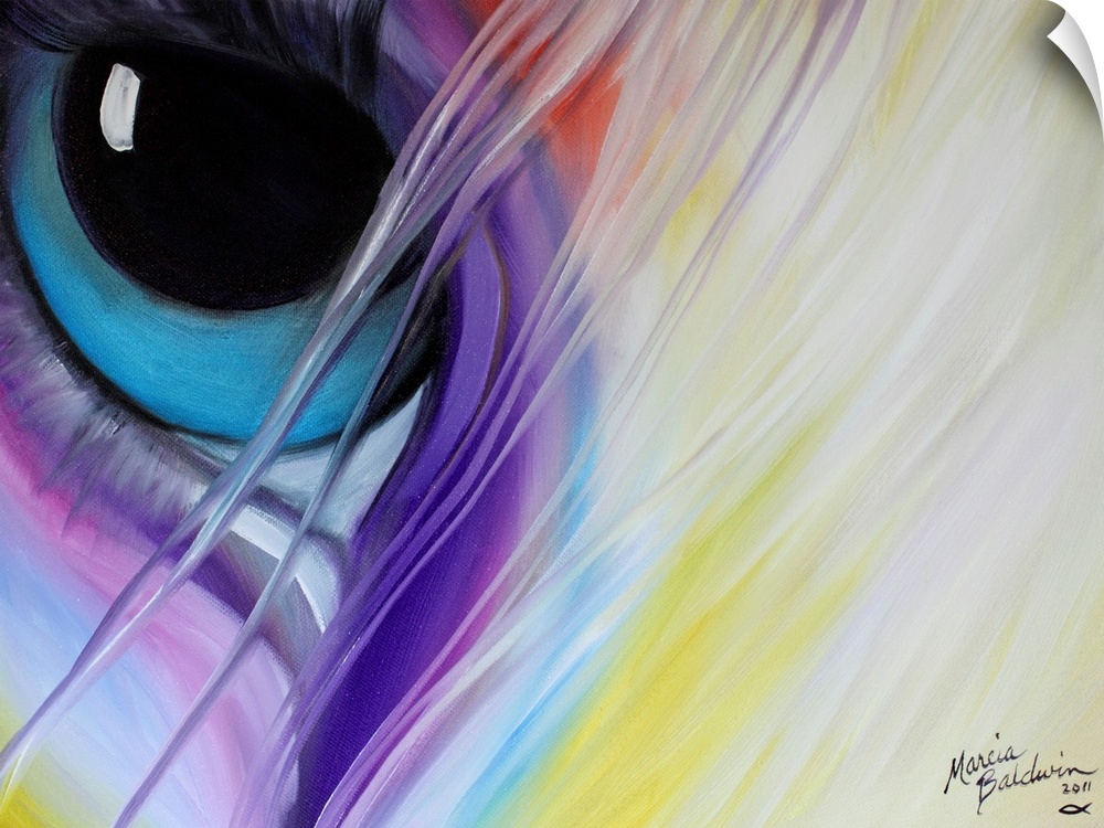 Close-up painting of a horse's bright blue eye with purple, red, and yellow tones around it and white mane hair in the for...
