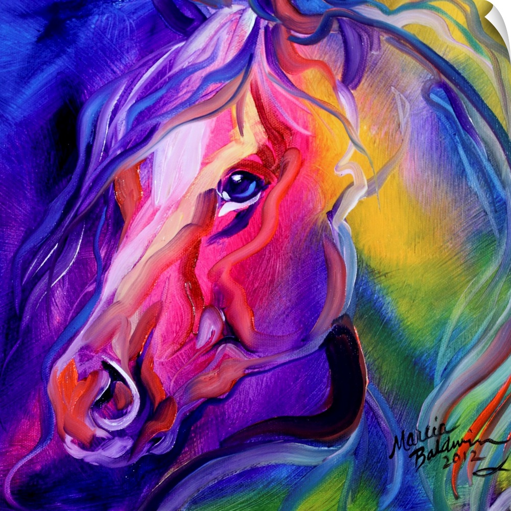 Contemporary square painting of a vibrant, colorful horse created with abstract brushstrokes.