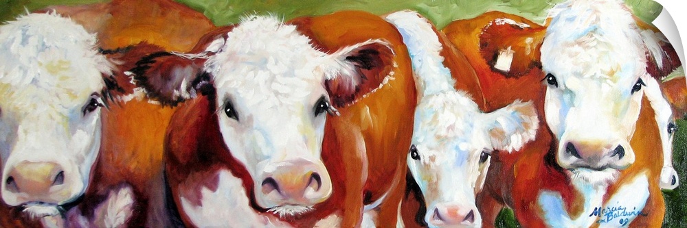 Panoramic painting of five brown and white cattle standing together in a line with a green background.