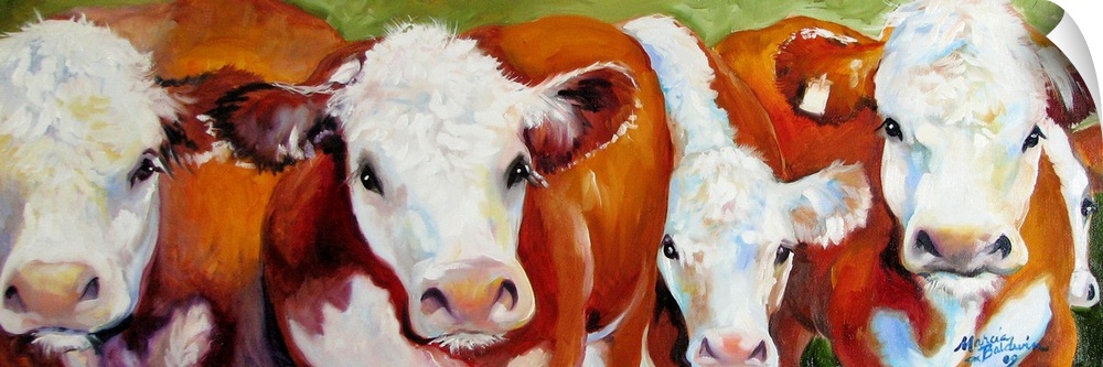Panoramic painting of five cows standing next to each other in a row with a green background.
