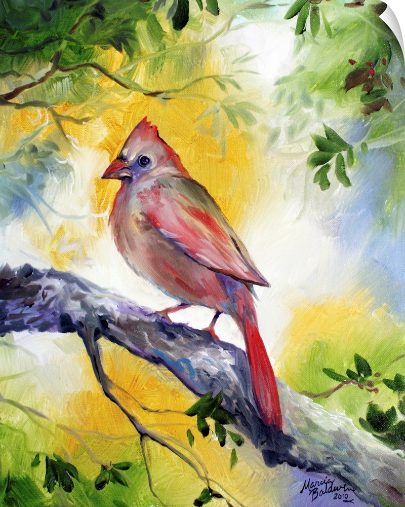 Contemporary painting of a female cardinal perched on a branch with leaves and branches all around and a golden lit backgr...