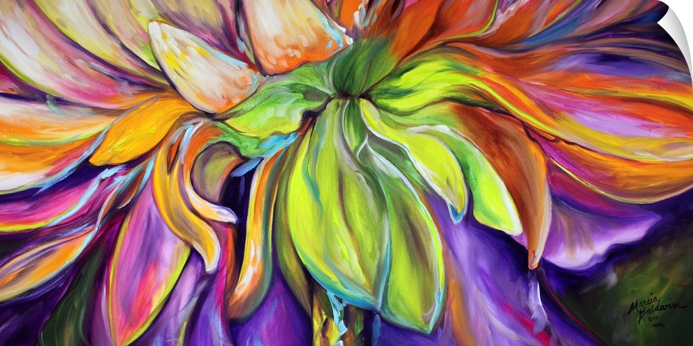 Abstract painting of the gerbera daisy in purple, orange, green, pink, and yellow hues.