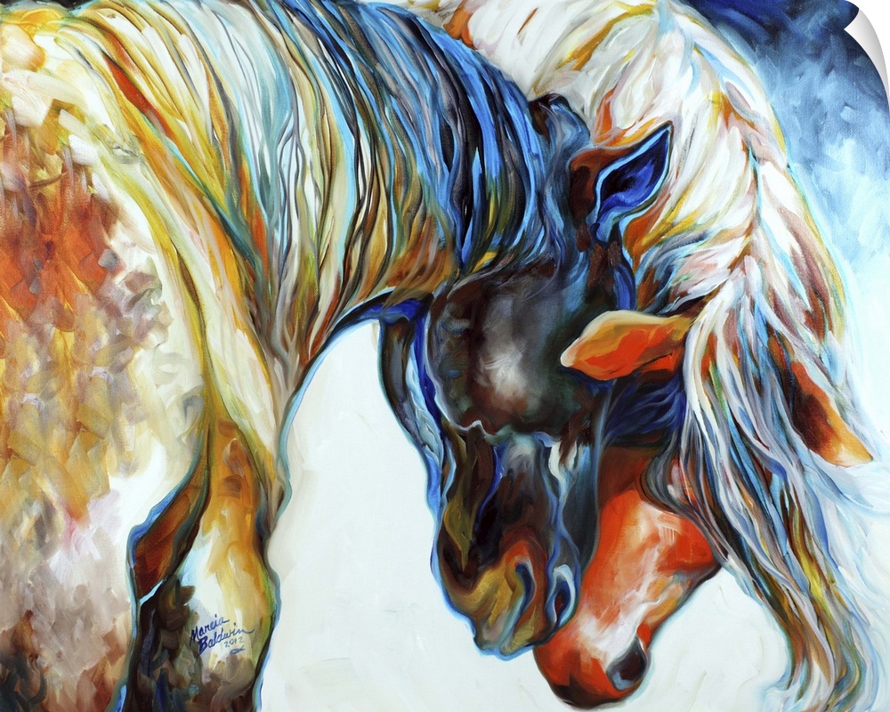 Contemporary painting of two colorful horses nuzzling their heads together.