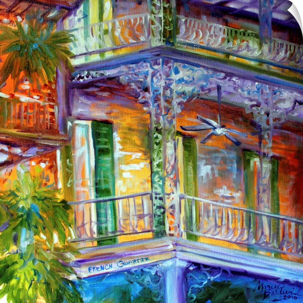 Contemporary square painting depicting a scene in the French Quarters of New Orleans.