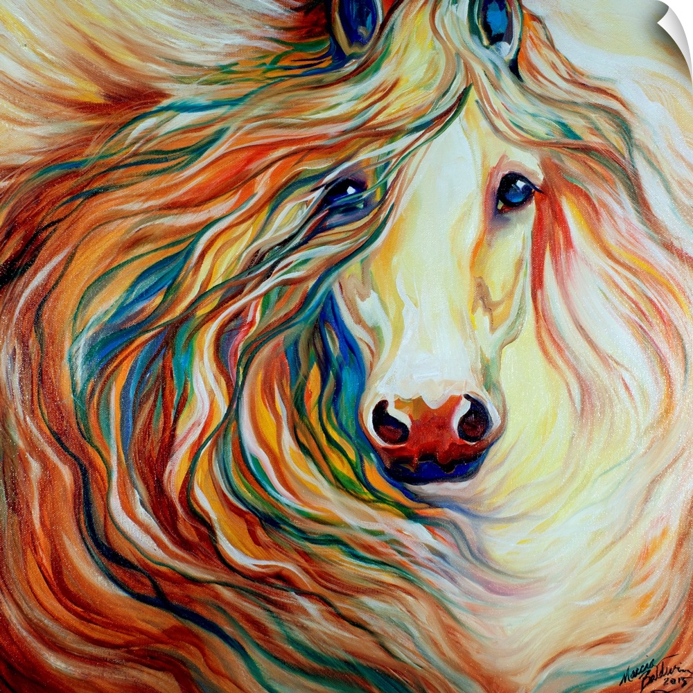 Square painting of a horse with a beautiful flowing mane in brown, red, orange, yellow, blue, and green hues.