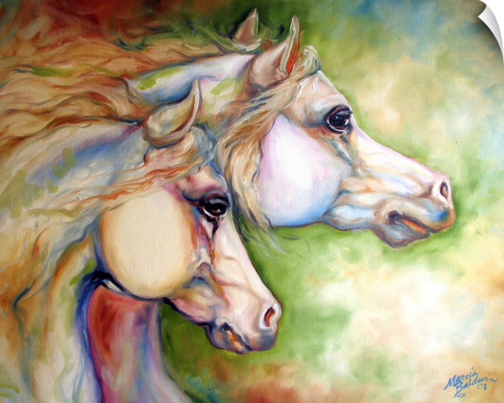 Contemporary panting of two horses with pastel colors.
