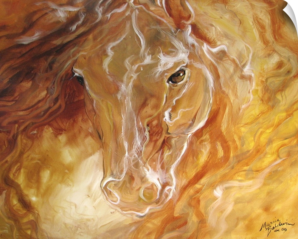 Golden abstract painting of a horse's head with sublime brushwork and hints of burnt umber and burnt sienna.
