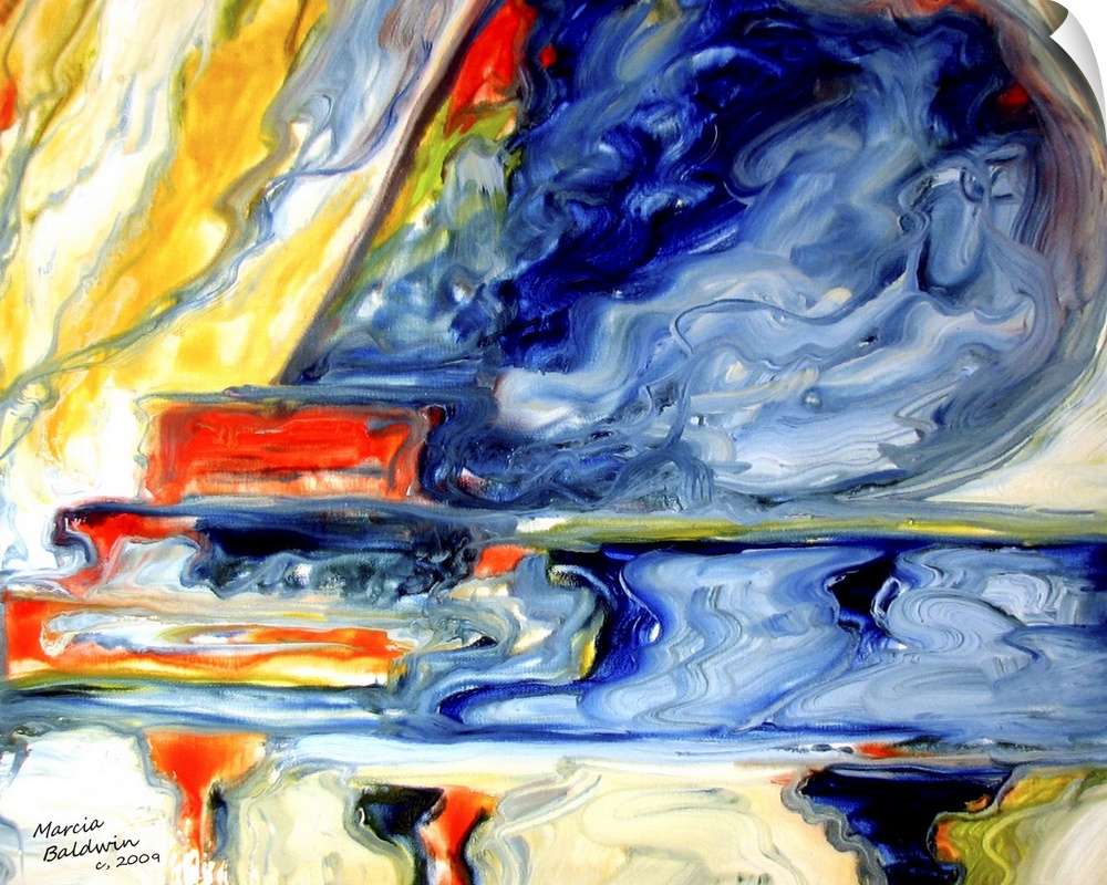 Abstract painting of a grand piano created with vibrant, marbling colors.