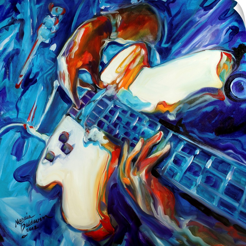 Abstract painting of a guitarist from a unique point of view made with blue, red, and orange hues on a square background.