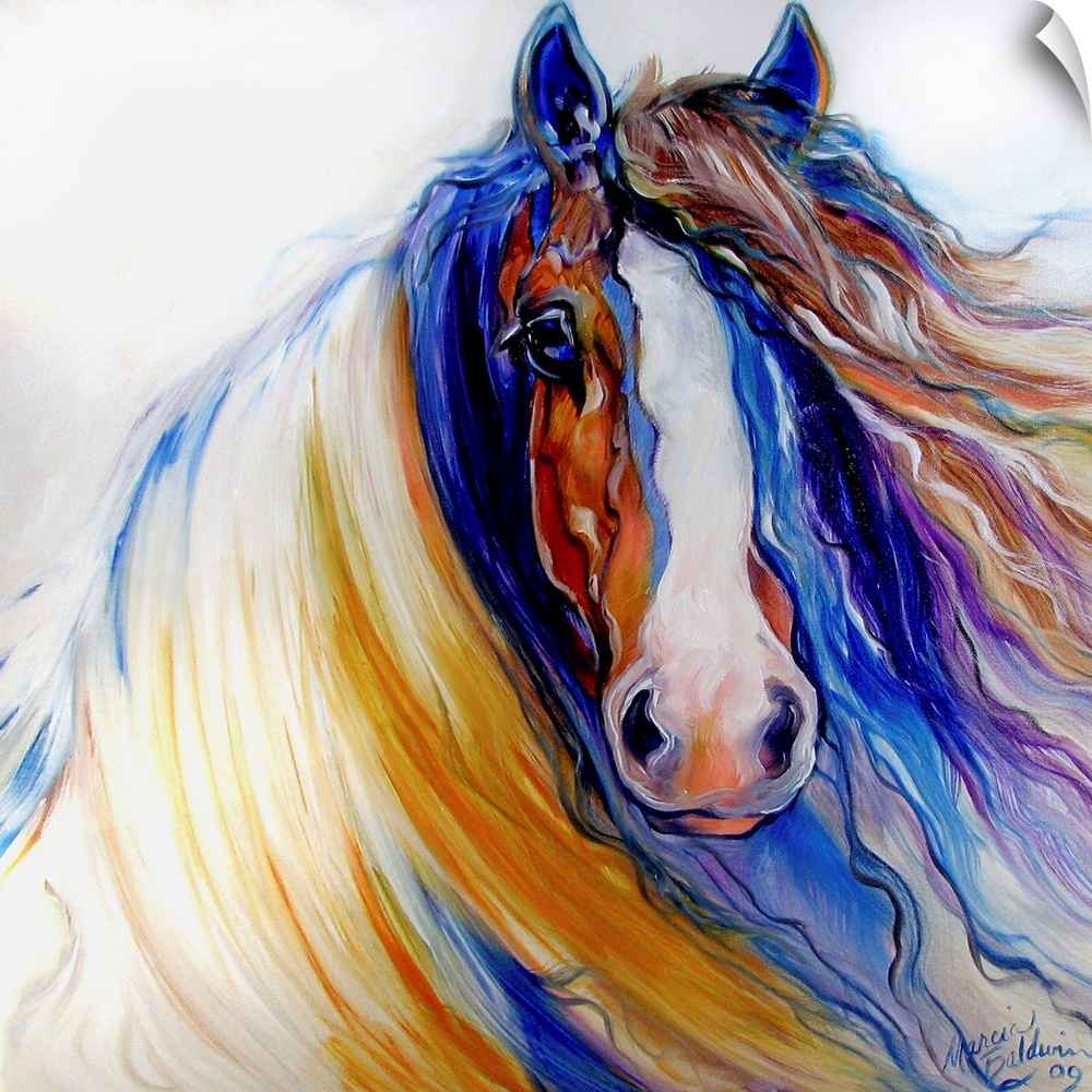 Contemporary square painting of the Gypsy Vanner with a strong and bold face and gorgeous long mane in gold, blue, and pur...