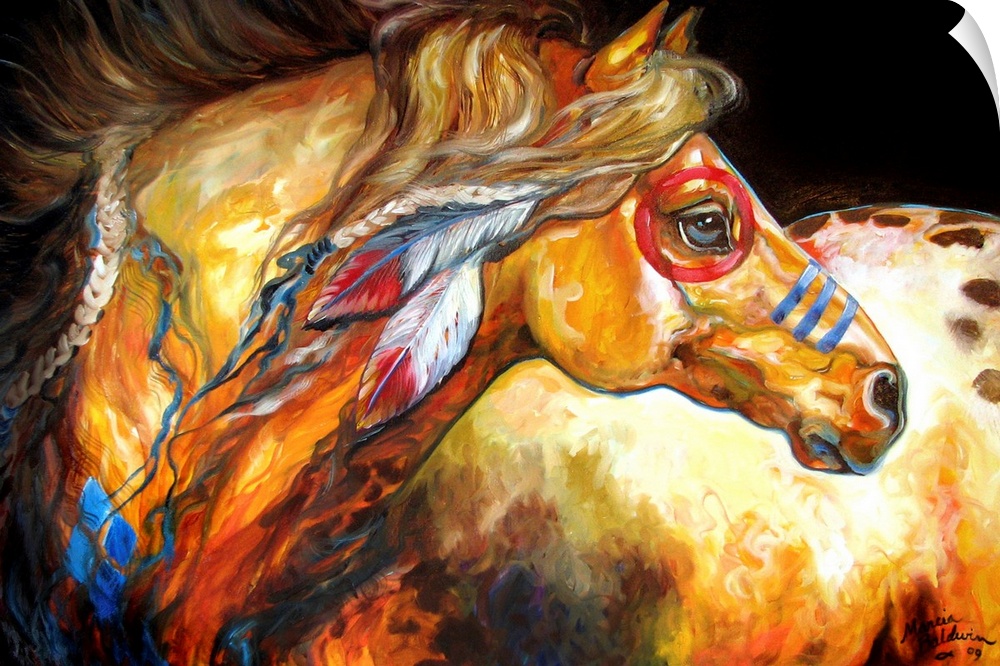 Painting of an Indian war horse with feathers in its mane and war paint all over its body, looking into the golden sun.