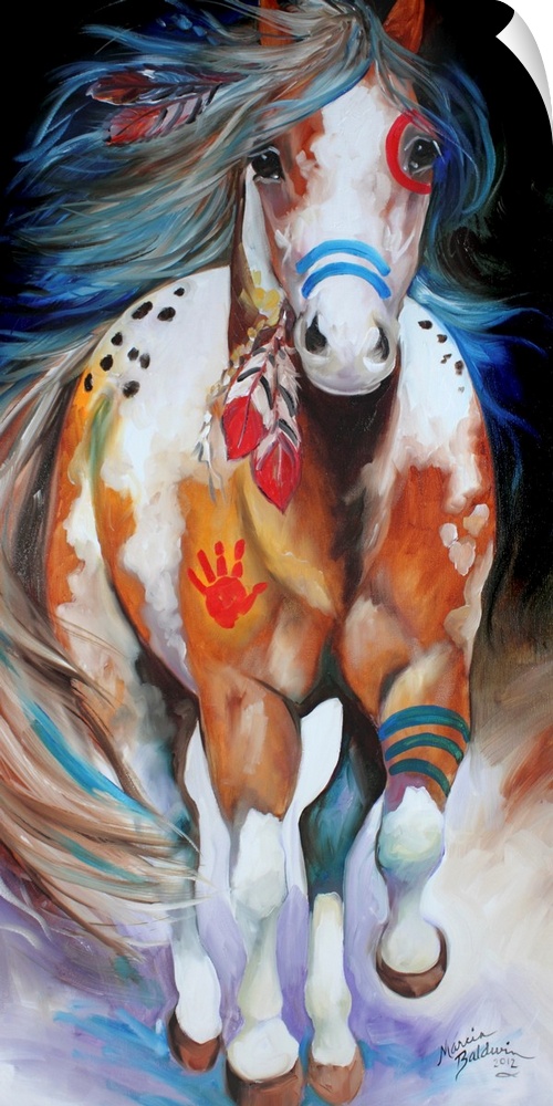 Panel painting of an Indian War Horse in action with red and blue body paint and feathers in its mane.