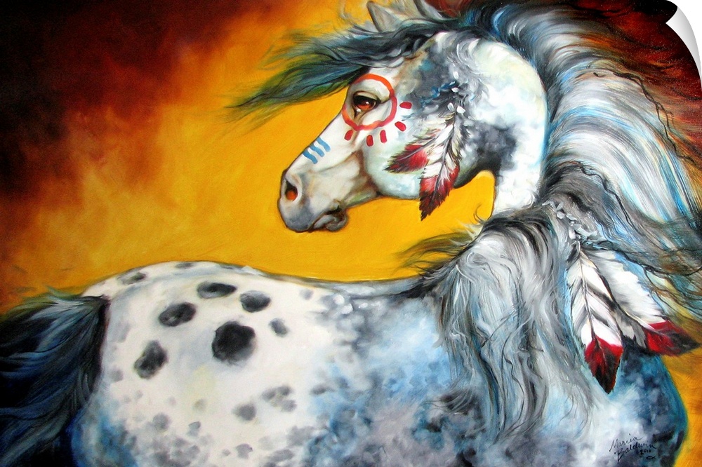 Painting of a black and white Indian war horse with body paint and red and white feathers attached to its mane on a yellow...